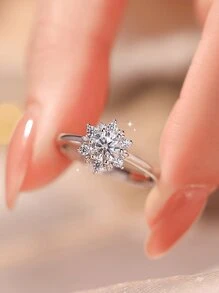 1pc S925 Sterling Silver Snowflake Cubic Zirconia Engagement Ring, Delicate European & American Style, Suitable For Women, Best Gift For Lover, Friend, Family, Christmas Gift, High-End Jewelry For Ladies