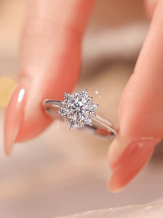 1pc S925 Sterling Silver Snowflake Cubic Zirconia Engagement Ring, Delicate European & American Style, Suitable For Women, Best Gift For Lover, Friend, Family, Christmas Gift, High-End Jewelry For Ladies
