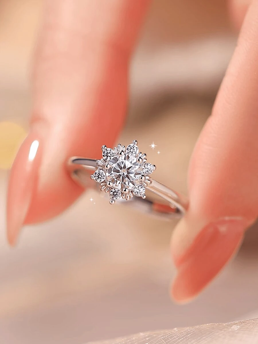 1pc S925 Sterling Silver Snowflake Cubic Zirconia Engagement Ring, Delicate European & American Style, Suitable For Women, Best Gift For Lover, Friend, Family, Christmas Gift, High-End Jewelry For Ladies