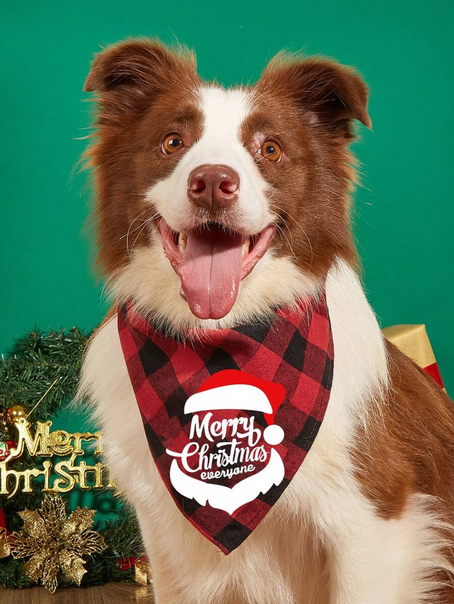 带有圣诞老人和驯鹿图案的圣诞宠物头巾，圣诞快乐图案宠物头巾，可调节圣诞主题图案印花狗三角围兜围巾，适合中小型犬和猫，可机洗 - 綠色 - 查看 1