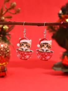 1 对可爱圣诞猫头戴圣诞帽咖啡杯设计亚克力耳环女士款 - 亞克力耳環 - 查看 6