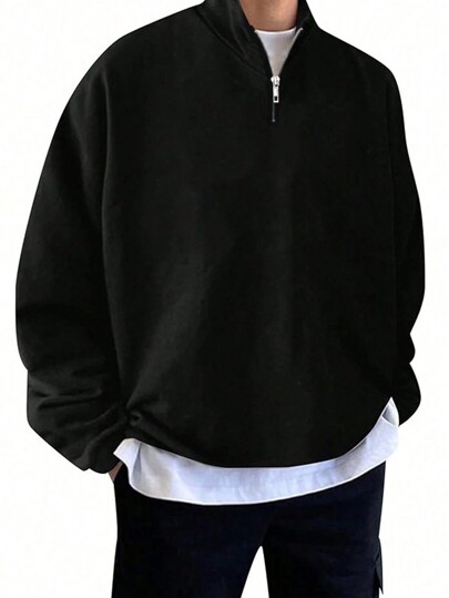 Plus Size Men's Plain Autumn/Winter Zipper Half Front Long Sleeved Loose Casual Hoodie