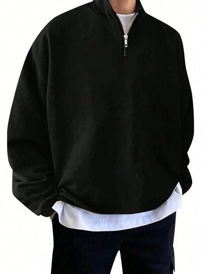 Plus Size Men's Plain Autumn/Winter Zipper Half Front Long Sleeved Loose Casual Hoodie