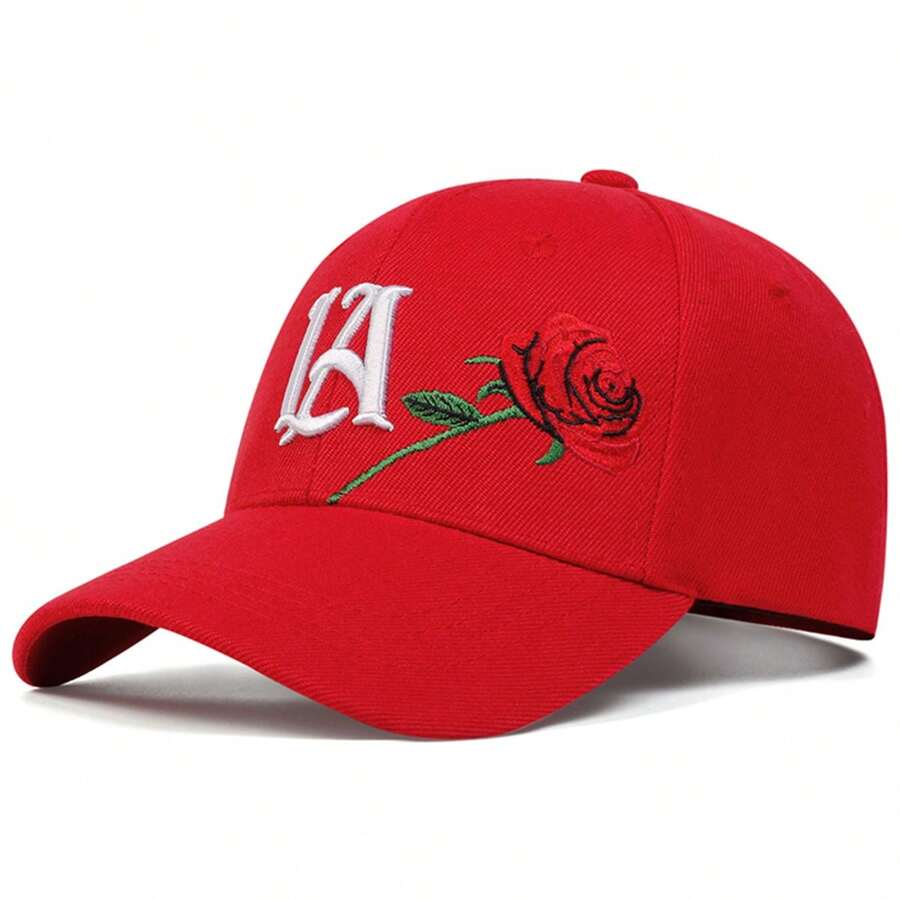 1Piece Men LA Letter Rose Embroidered Baseball Cap Outdoor Adjustable Sunscreen Leisure Hat Spring Autumn Travel Tourism Beach Vacation Valentines - 紅色 - 查看 1
