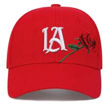 1Piece Men LA Letter Rose Embroidered Baseball Cap Outdoor Adjustable Sunscreen Leisure Hat Spring Autumn Travel Tourism Beach Vacation Valentines - 紅色 - 查看 2