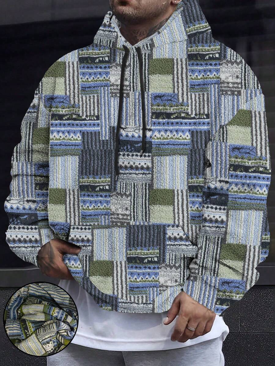 Men's Totem Print Hoodie Sweatshirt - Blue - View 1