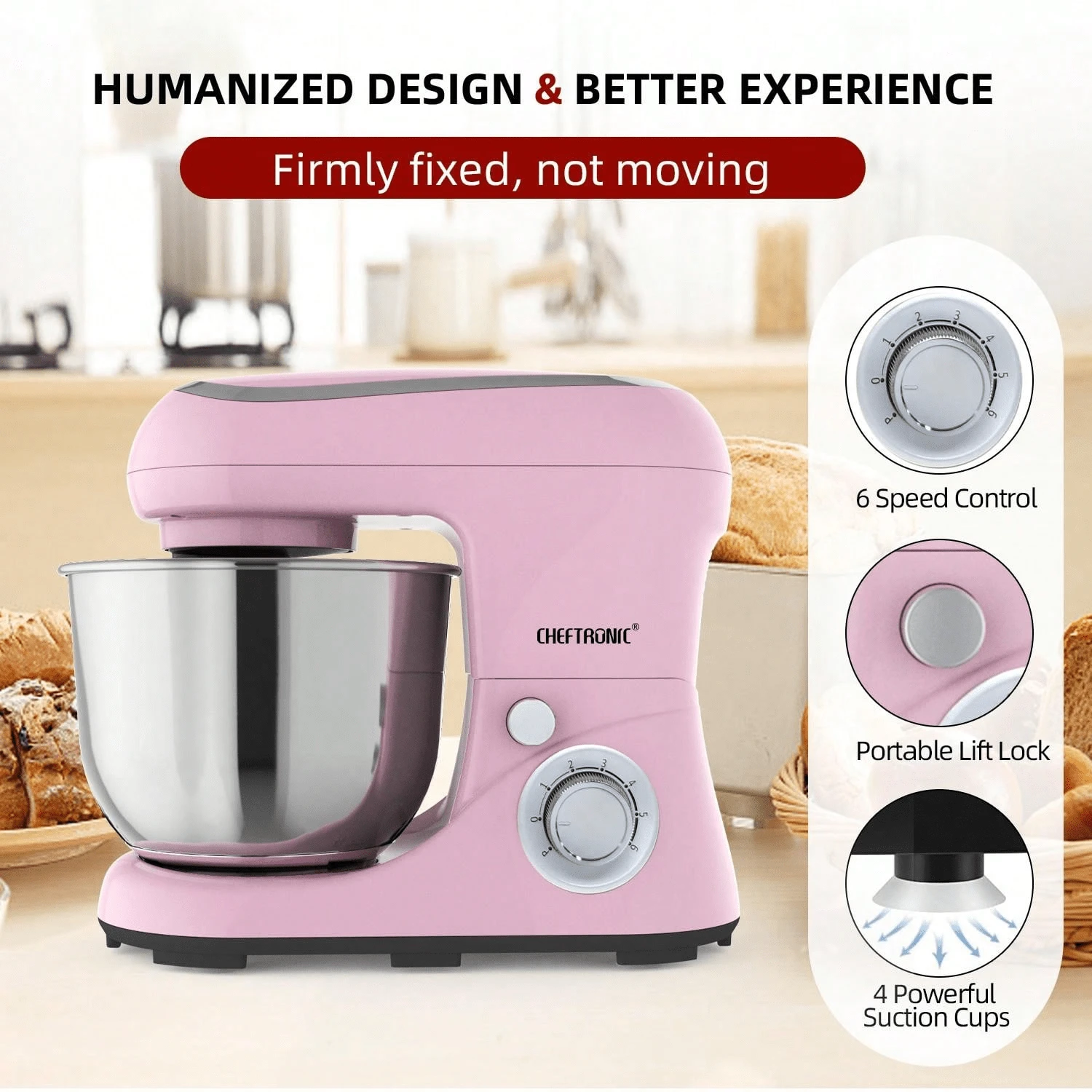 CHEFTRONIC 1台5.3夸脱倾斜式搅拌机 - 1300瓦 6档速度+脉冲功能，多功能厨房立式搅拌机，配有揉面钩、打蛋器、食物搅拌器和黄油搅拌器（欧标插头） - 查看 1