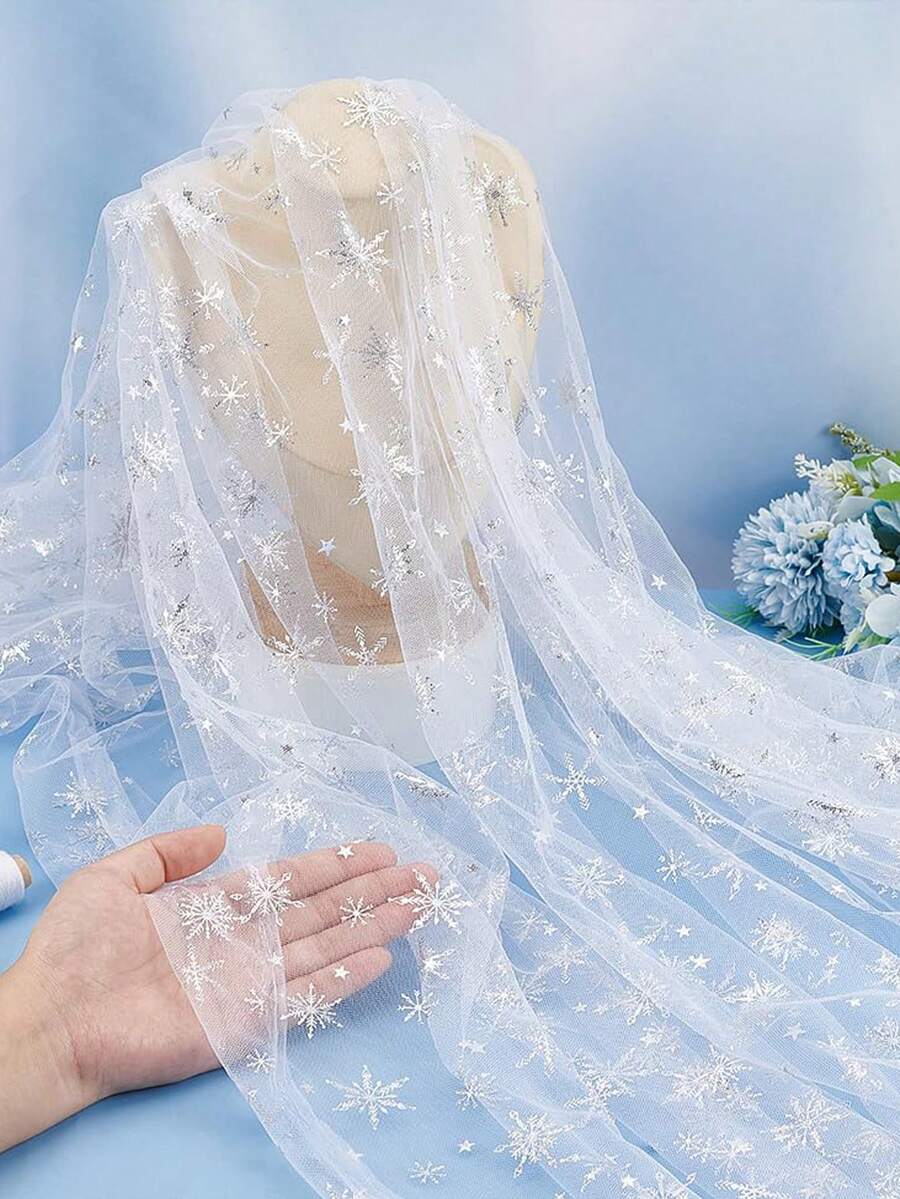 Vải Organza bạc lá hình bông tuyết 4 yard, vải mỏng, khăn trải bàn hình bông tuyết, đồ dùng tiệc sinh nhật, đồ trang trí tiệc, váy cây thông Noel, đồ trang trí Giáng sinh giảm giá - trắng - Xem 1