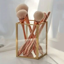 1 hộp đựng cọ trang điểm có 1 ngăn, hộp đựng cọ mỹ phẩm bằng kim loại màu vàng, hộp đựng đồ trang điểm, bàn làm việc, phòng tắm, phòng ngủ - Vàng - Xem 6