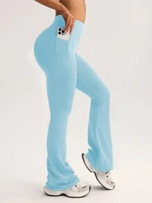 FWH 高腰显瘦喇叭裤，带隐藏口袋，功能性运动款 | 复古街头风，健身必备，收腰提臀，防滑腰带+隐藏口袋 | 适合瑜伽和日常穿着，高腰喇叭瑜伽紧身裤适合各种体型，复古时尚街头风 - 淺藍色 - 查看 4