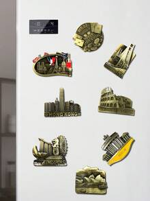 1 件彩色彩绘磁性纪念贴纸，带有旅行口号，创意个性化著名地标建筑冰箱贴 - 彩色 - 查看 3