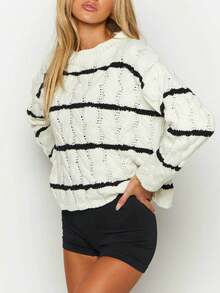 女士休闲条纹系带针织套头衫 - 白色 - 查看 6