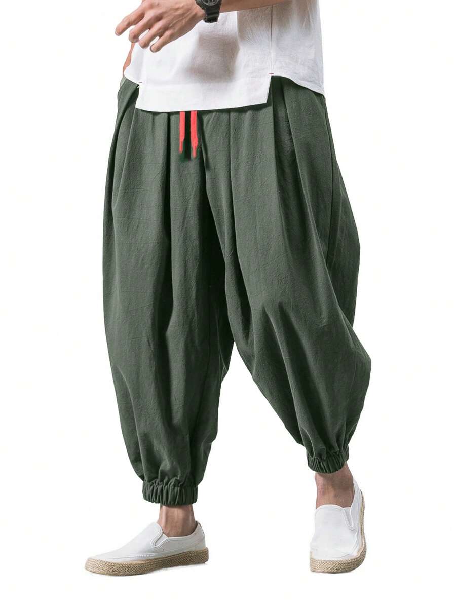 Men's Vintage Coin Pattern Drawstring Waist Loose Casual Solid Color Pants, Fashionable And Versatile, Autumn - Army Green - View 1