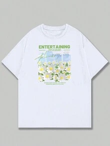 Flower Entertaing Printed T-Shirt Unisex Streetwear Comfortable Short Sleeve T-Shirt Top - trắng - Xem 1