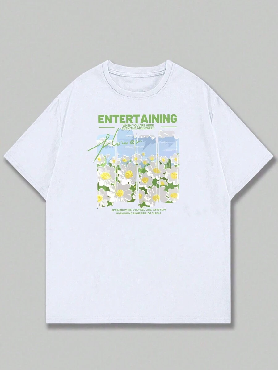 Flower Entertaing Printed T-Shirt Unisex Streetwear Comfortable Short Sleeve T-Shirt Top - trắng - Xem 1
