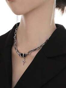 1 件酷炫黑色链条，包裹黑色方晶锆石，个性化百搭项链，女士时尚奢华小众嬉皮士项链 - 銀色 - 查看 2