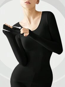 2Pcs Women's Thermal T-Shirt Underwear Autumn Winter Seamless Traceless Ultra-Thin Highly Elastic Intimate Long Sleeve Top Winter Constant Temperature Long Sleeve Lingerie