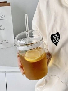 1 Stück 450ml Glas Tasse mit Deckel und Trinkhalm, transparente Tee Kaffee Tasse, Saft Glas, kann Milch Mokka Becher, Frühstückstasse, Trinkgeschirr