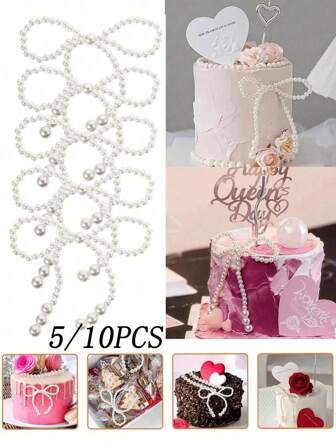 5/10 件珍珠蝴蝶结蛋糕装饰，浪漫蛋糕装饰套装，适合生日、母亲节、周年纪念日、婚礼、情人节派对用品