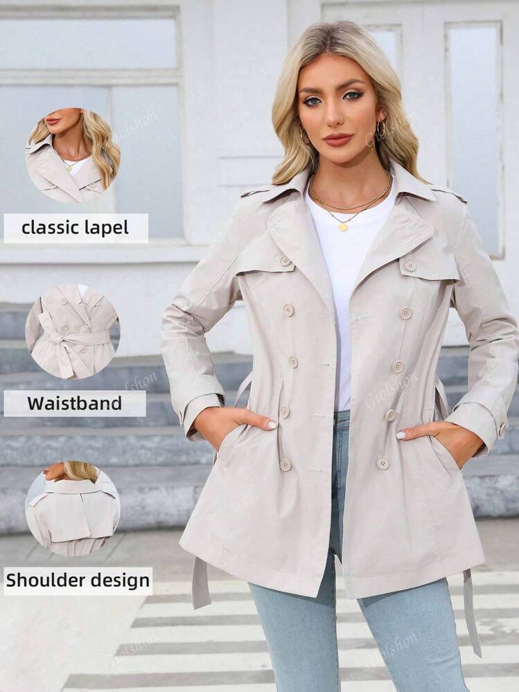 Women s Solid Color Minimalist Double Breasted Casual Trench Coat Autumn Winter SHEIN USA