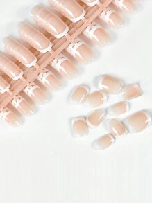 120pcs Glossy Square White French Press-On False Nails, Full Cover Glossy Nude Acrylic Fake Nails Set, Artificial Nail Kit Suitable For Women & Girls Everyday Wear