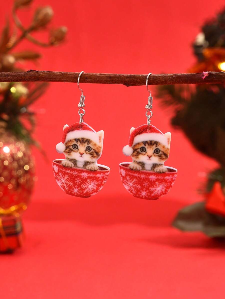 1 对可爱圣诞猫头戴圣诞帽咖啡杯设计亚克力耳环女士款 - 亞克力耳環 - 查看 1
