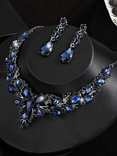 Set de joyas de 3 piezas con aretes y collar elegante, con incrustaciones de rhinestone en estilo oscuro, para niñas cool, decoración de fiestas por la noche