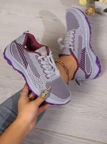 imperdível primavera e outono novos sapatos de malha femininos antiderrapantes com sola macia para caminhada para idosos sapatos para mães sapatos esportivos confortáveis de meia-idade tênis de corrida roxo