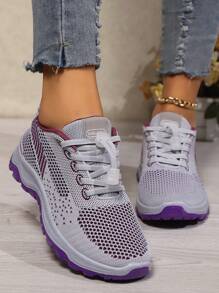 imperdível primavera e outono novos sapatos de malha femininos antiderrapantes com sola macia para caminhada para idosos sapatos para mães sapatos esportivos confortáveis de meia-idade tênis de corrida roxo