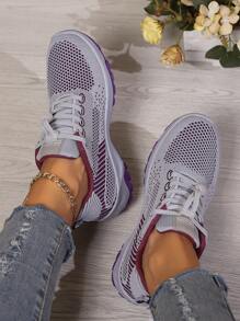 imperdível primavera e outono novos sapatos de malha femininos antiderrapantes com sola macia para caminhada para idosos sapatos para mães sapatos esportivos confortáveis de meia-idade tênis de corrida roxo