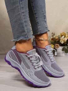 imperdível primavera e outono novos sapatos de malha femininos antiderrapantes com sola macia para caminhada para idosos sapatos para mães sapatos esportivos confortáveis de meia-idade tênis de corrida roxo