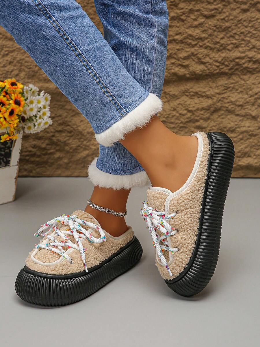 全新冬季保暖毛绒系带红色家居拖鞋，户外保暖舒适厚底黑色毛皮拖鞋，轻质卡其色系带女士室内拖鞋尺码 36-43 - 卡其色 - 查看 1