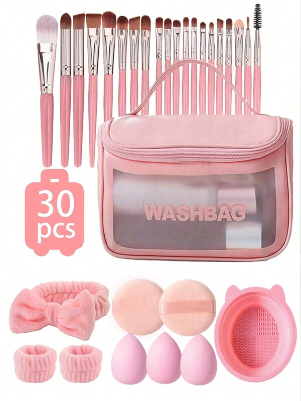 Conjunto de pincéis de maquiagem com 30 peças: 20 pincéis de maquiagem, 3 esponjas de maquiagem, 1 faixa de cabelo, 2 pulseiras, 1 almofada de limpeza de pincéis, 2 esponjas de maquiagem, 1 bolsa de maquiagem à prova d'água, projetada para contorno, olhos e cantos, pó, base líquida, corretivo, apresentação de palco