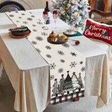 1pc Christmas Happy Table Runner, Christmas Tree & Snowflake Buffalo Plaid Table Runner For Dining Table Kitchen Decor, House Farmhouse Party Decoration, Seasonal Winter Holiday Christmas Party Decor