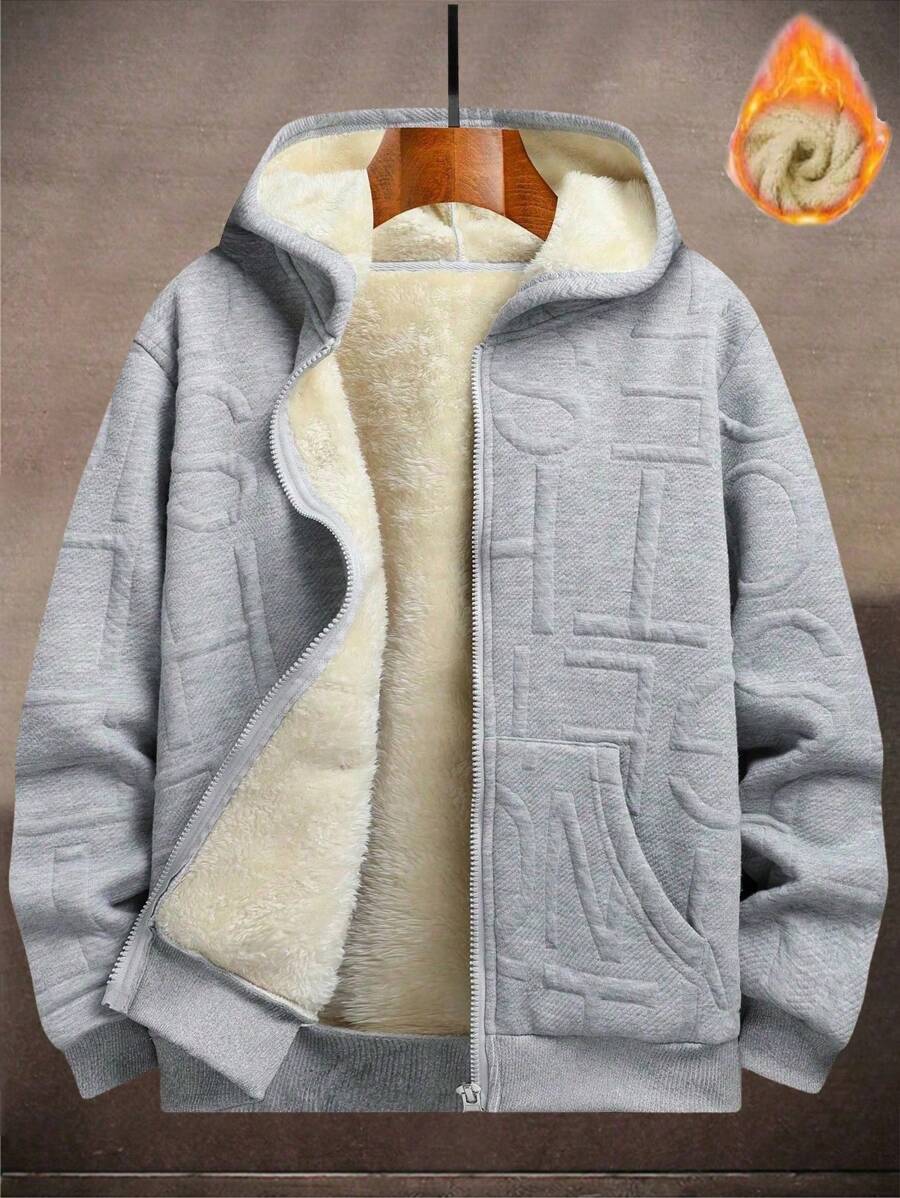 Yemwry Men's Casual Versatile Zip-Up Letter Jacquard Hoodie - Grey - View 1