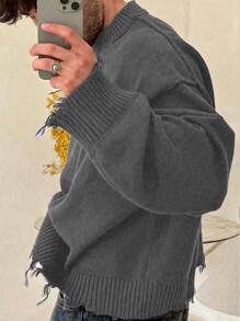 Unisex Street Style Minimalist Design Long Sleeve Crew Neck Pullover Fringe Distressed Knit Sweater, Loose And Comfortable Fit, Suitable For Spring, Autumn, Winter - 灰色 - 查看 2