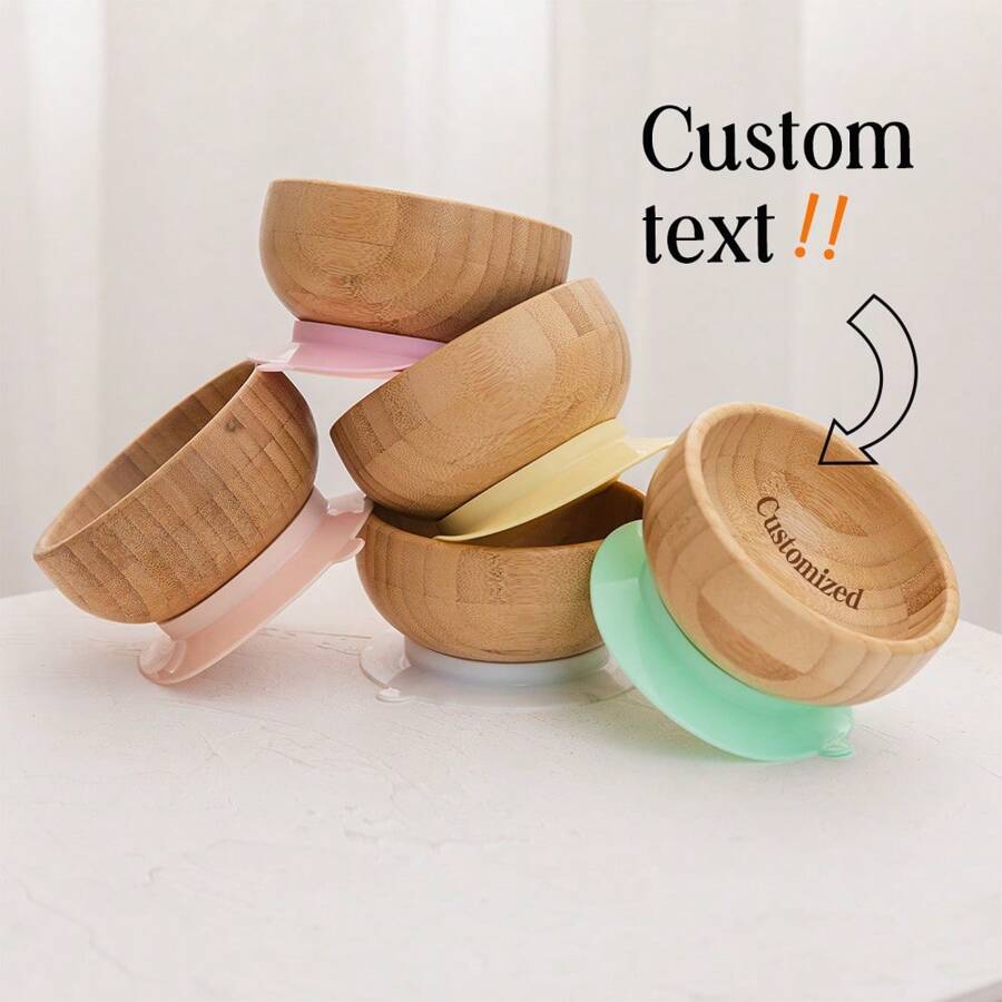 Personalized Customizable Bamboo Wooden Bowl Baby Feeding Bowl Wooden Kids Feeding Supplies For Baby Tableware Suction Round Shaped Bowl Dinnerware Product Baby Shower Family Decorations Gifts Winter Eve Gifts Back To School Winter Gift Ideas Boy Girl Valentine's Day - Multicolor - View 1