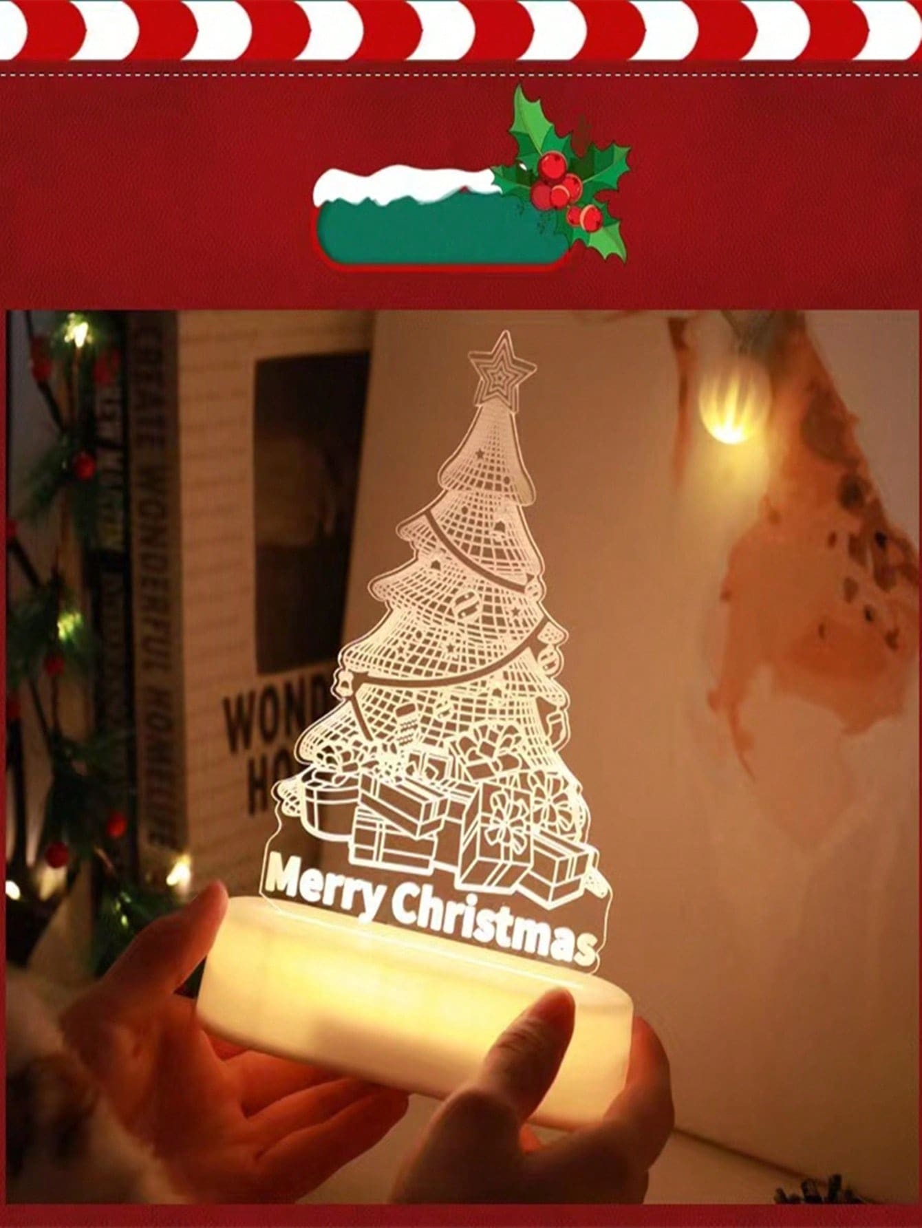 1 件亚克力圣诞树形圣诞快乐 LED 灯装饰灯、桌面小夜灯、电池和 USB 供电 - 白色 - 查看 1