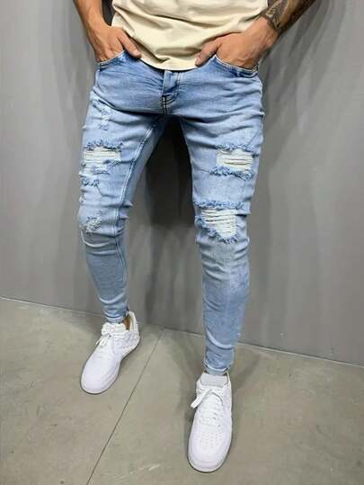 Men's Stylish Distressed Slim Fit Light Color Denim Jeans