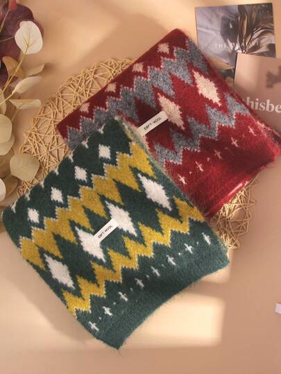 1 Cute Color-Blocked Diamond Plaid Winter Knitted Wool Scarf, Soft, Comfortable And Warm Wool Neck Scarf, Winter Christmas Style Contrasting Plaid Women's Scarf