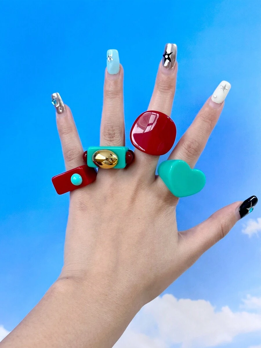 4 件/套优雅高端红绿色块树脂戒指，简约设计戒指适合送礼、参加派对、婚礼和聚会 - 紅綠撞色套裝 - 查看 1
