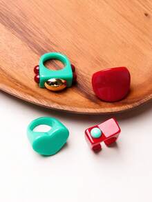 4 件/套优雅高端红绿色块树脂戒指，简约设计戒指适合送礼、参加派对、婚礼和聚会 - 紅綠撞色套裝 - 查看 5