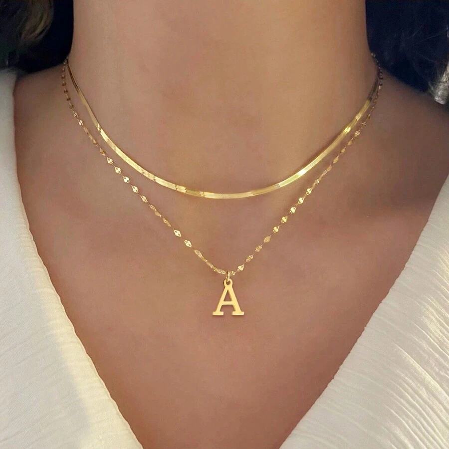 2Pcs/Set Simple Stainless Steel Initial Necklace Herringbone Choker Lip Chain Layered Chain Necklaces For Women - Yellow Gold - View 1