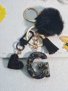 1 件树脂星空环氧字母钥匙扣，带流苏和黑色毛球装饰，送给朋友和母亲的礼物，汽车配件包饰，书包挂绳，带身份证夹，汽车配件包饰 - 黑色 - 查看 12