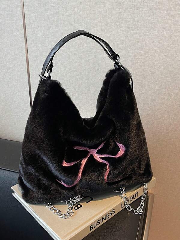 1pc Casual Furry Large Capacity Tote Bag, Fashion Women's Underarm Bag, Bow Decor Crossbody/Shoulder/Backpack 3 In 1 Bag