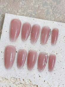 10 片装奢华手工按压式中杏仁假指甲，简约裸粉设计假指甲，含 3 件套工具粘合剂指甲胶，适合女士和女孩的日常生活。美甲用品 - 珊瑚粉 - 查看 7