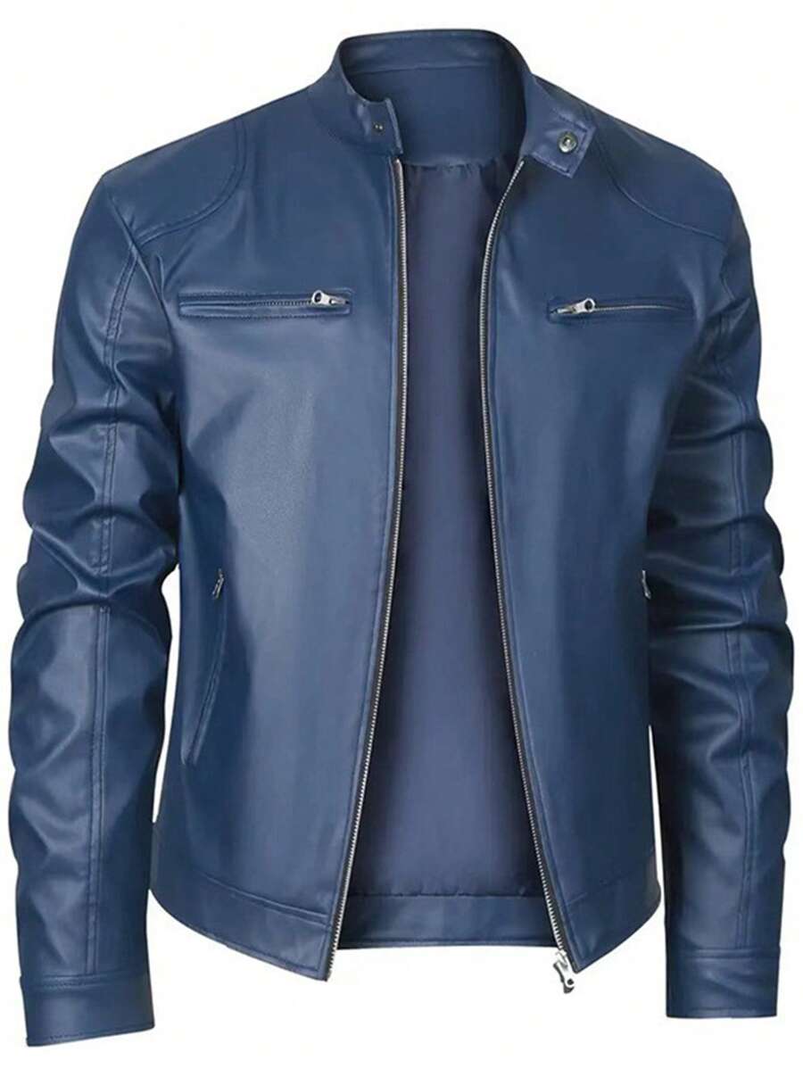 Men's Stand Collar Slim Fit Zipper Pocket Decorated Leather Moto Rave Jacket, Fall/Winter