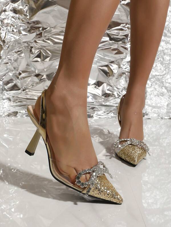 OMS Stilvolle schwarze Damenschuhe mit Schleife, Slingback, offener Spitze, dünnem hohem Absatz, Kristall-Dekor Prinzessinnenpumps für Hochzeit, Party, ganzjährig