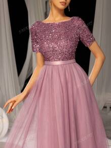 Faeriesty Faeriesty Elegant Formal Evening Gown With Sequin Embellished Bodice & Contrast Layered Tulle Hem | A-Line Prom Wedding Party Dress