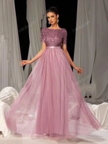 Faeriesty Faeriesty Elegant Formal Evening Gown With Sequin Embellished Bodice & Contrast Layered Tulle Hem | A-Line Prom Wedding Party Dress